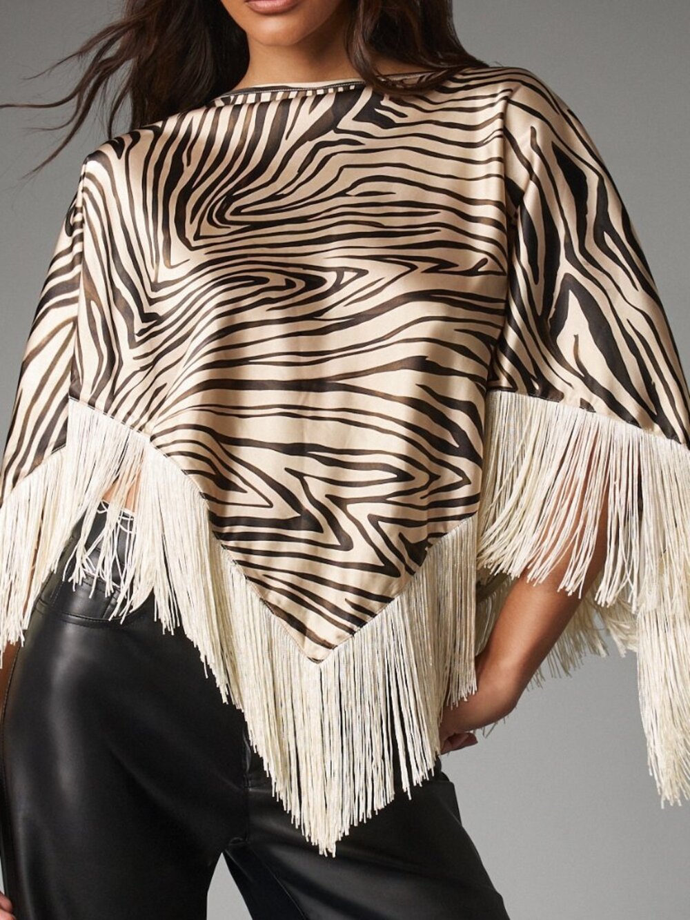 Multicolor Casual Women's Zebra Print Fringe Trim Batwing Sleeve Poncho Top